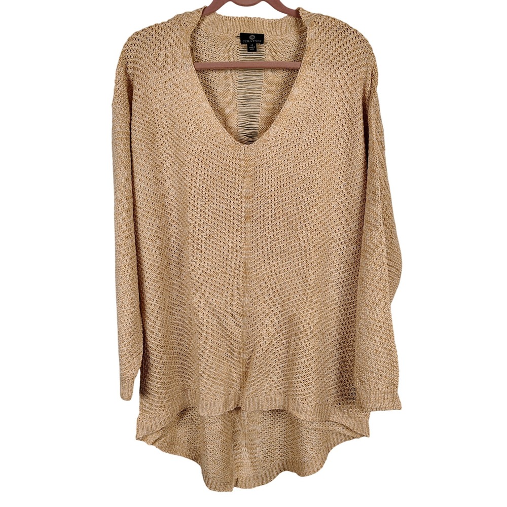 Curations Womens 1X V-Neck Ladder Back Sweater Tan Marled Boho Gorpcore